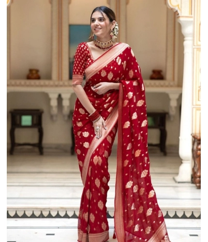 Women's Soft Lichi Silk Printed Saree With Unstitched Blouse 5.5Mtr (Red)