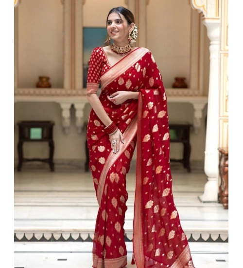 Women's Soft Lichi Silk Printed Saree With Unstitched Blouse 5.5Mtr (Red)