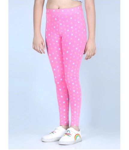 Girl's Cotton Lycra Printed Elasticated Leggings (Pink)