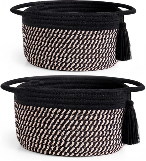 Cotton 8x4 Inch Round 2 Set With Jhalar Bedside Organizer (Black Beige)