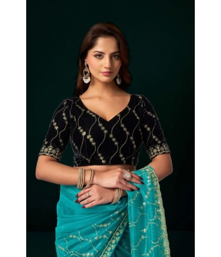 Women's Net Sequence Saree With Unstitched Blouse 5.5Mtr (Turquoise)