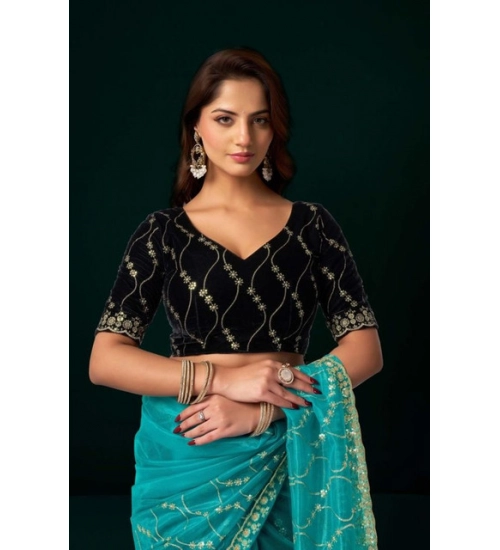 Women's Net Sequence Saree With Unstitched Blouse 5.5Mtr (Turquoise)