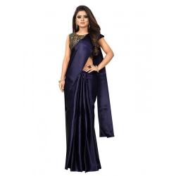 Women's Satin Printed Saree With Unstitched Blouse 5.5Mtr (Navy Blue)