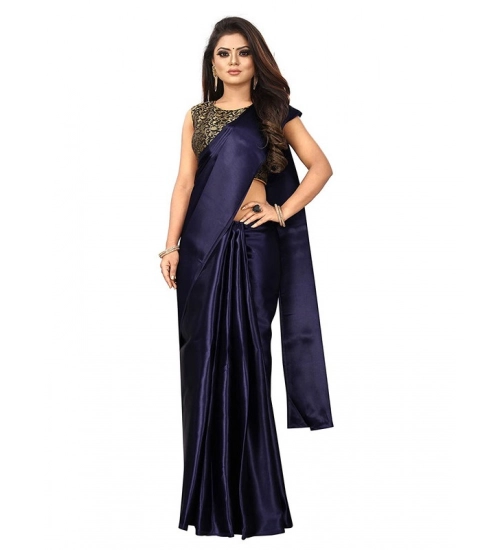 Women's Satin Printed Saree With Unstitched Blouse 5.5Mtr (Navy Blue)