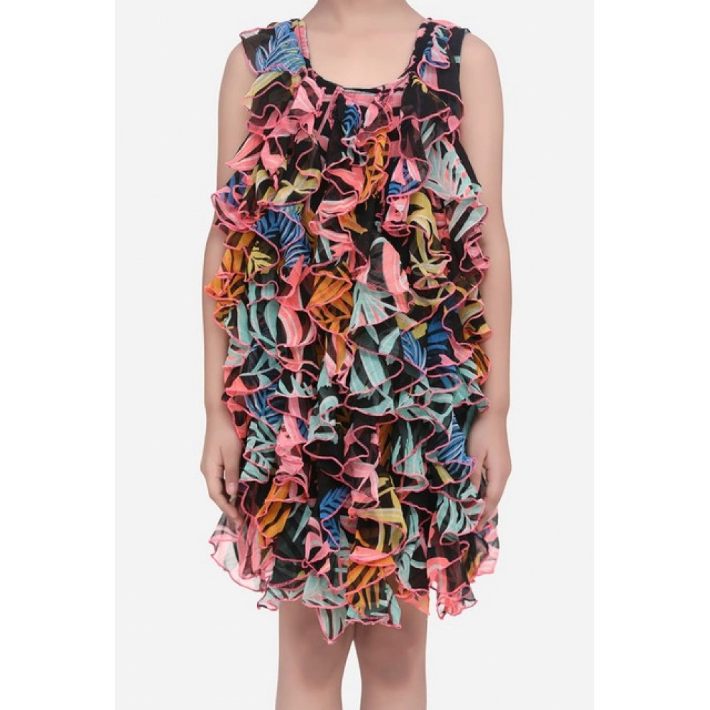 Girl's Chiffon Ruffled Sleeveless Dress (Black)