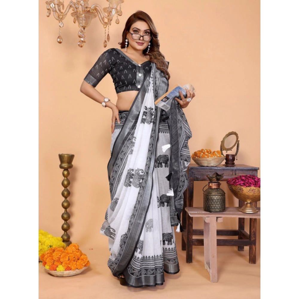 Women's Linen Cotton Printed Saree With Unstitched Blouse 5.5Mtr (White-Black)