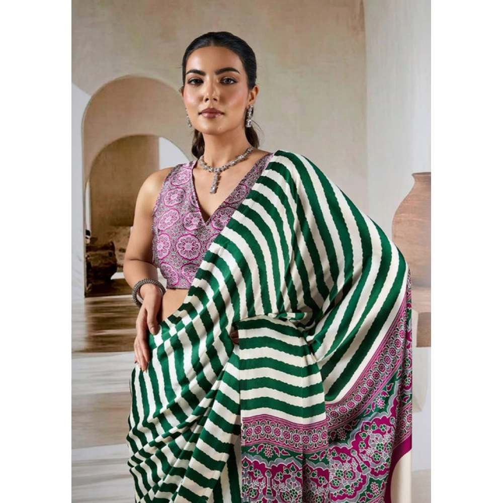 Women's Satin Crepe Printed Saree With Unstitched Blouse 5.5Mtr (Green)