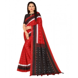 Women's Soft Pure Cotton Printed Saree With Unstitched Blouse 5.5Mtr (Red)