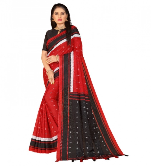 Women's Soft Pure Cotton Printed Saree With Unstitched Blouse 5.5Mtr (Red)