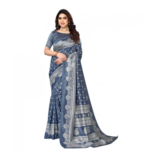 Women's Litchi silk Printed Saree With Unstitched Blouse  5-6 Mtrs (Gray)