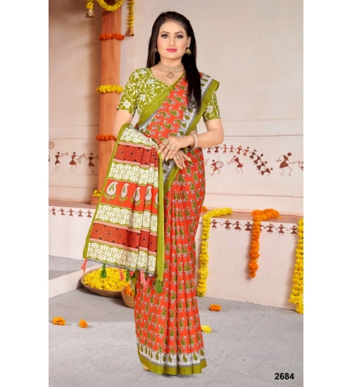 Women's Soft Pure Cotton Printed Saree With Unstitched Blouse 5.5Mtr (Multicolor)