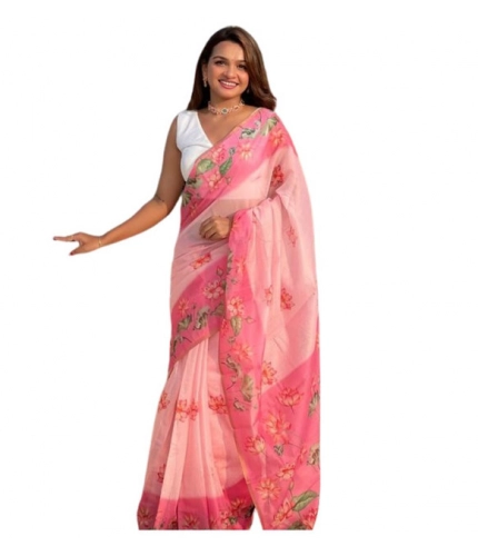 Women's Linen Printed Saree With Unstitched Blouse 5.5Mtr (Pink)