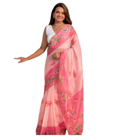 Women's Linen Printed Saree With Unstitched Blouse 5.5Mtr (Pink)