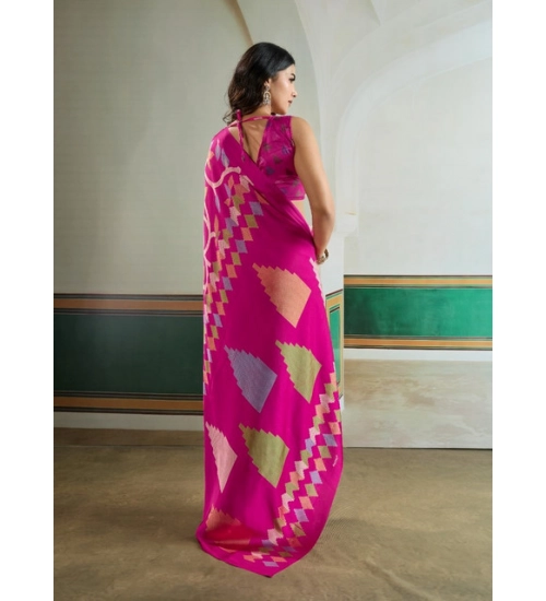 Women's Satin Crepe Printed Saree With Unstitched Blouse 5.5Mtr (Pink)