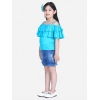 Girl's Rayon Solid Cold Shoulder Top with Shorts (Blue)