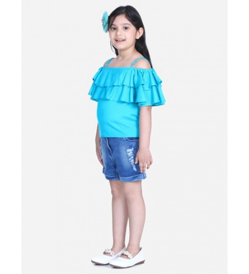 Girl's Rayon Solid Cold Shoulder Top with Shorts (Blue)