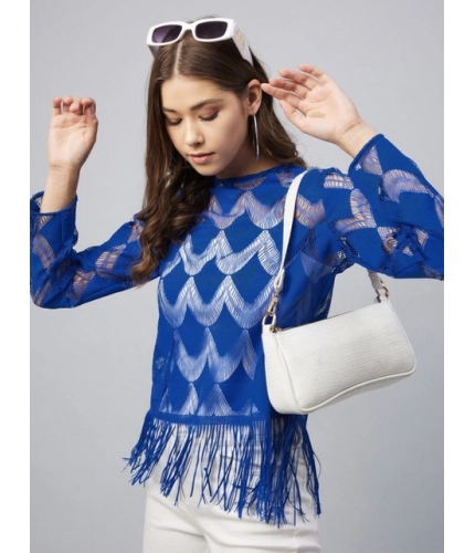 Women's Lace Self Design Long Sleeves Top (Blue)