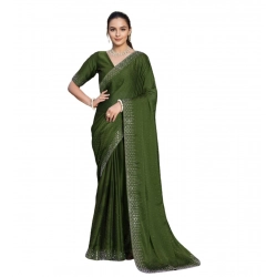 Women's Rangoli Diamond Weaving - Stone Work Saree With Unstitched Blouse 5.5Mtr (Mahendi)