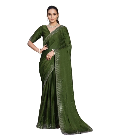 Women's Rangoli Diamond Weaving - Stone Work Saree With Unstitched Blouse 5.5Mtr (Mahendi)
