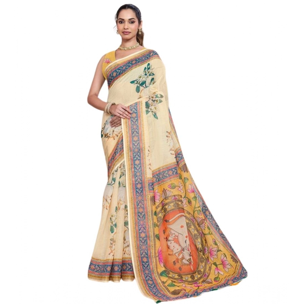 Women's Linen Floral Printed Saree With Unstitched Blouse 5.5Mtr (Beige) Women's Linen Floral Printed Saree With Unstitched Blouse 5.5Mtr (Beige)