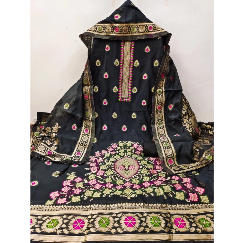 Women's Banarasi Silk Printed Unstitched Salwar Suit Material With Dupatta (Black, 3Mtrs)