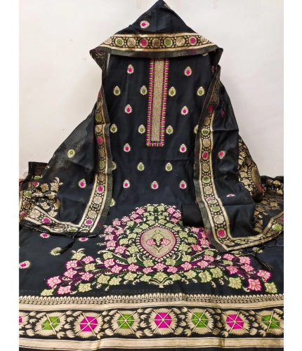 Women's Banarasi Silk Printed Unstitched Salwar Suit Material With Dupatta (Black, 3Mtrs)