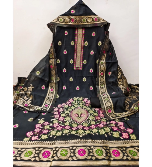 Women's Banarasi Silk Printed Unstitched Salwar Suit Material With Dupatta (Black, 3Mtrs) Women's Banarasi Silk Printed Unstitched Salwar Suit Material With Dupatta (Black, 3Mtrs)