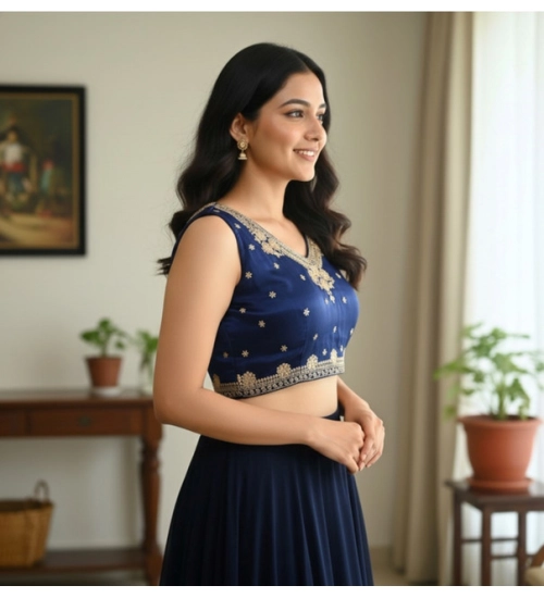 Women's Zimmi Choo Embroidered V-Neck Padded Blouse (Navy 38 Ready (Self Alterable 36–40)