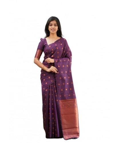 Women's Soft Lichi Silk Printed Saree With Unstitched Blouse 5.5Mtr (Purple)