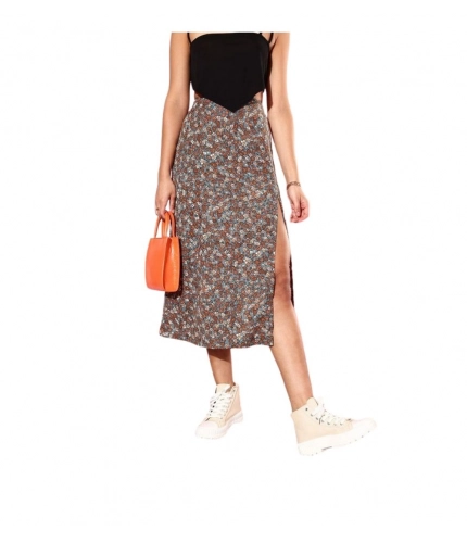 Women's Polyester Floral Side Zip Skirt (Grey - Coral)