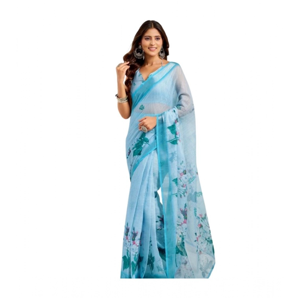 Women's Linen Cotton Printed Ready To Wear Saree With Unstitched Blouse 5.5 Mtr (Sky_Blue) Women's Linen Cotton Printed Ready To Wear Saree With Unstitched Blouse 5.5 Mtr (Sky_Blue)