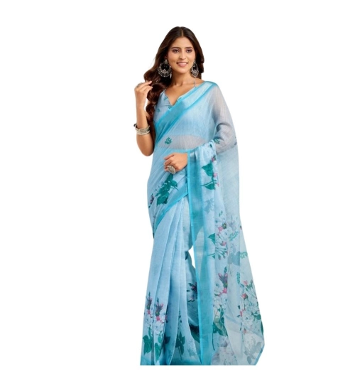 Women's Linen Cotton Printed Ready To Wear Saree With Unstitched Blouse 5.5 Mtr (Sky_Blue)