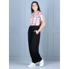 Girl's Polyester Floral Short Sleeves Jumpsuit (White-Black)