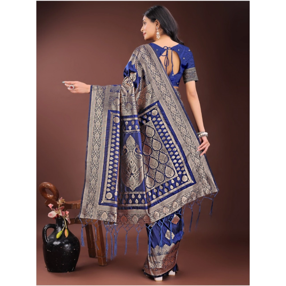 Women's Silk Printed Saree With Unstitched Blouse 5.5Mtr (Navy Blue)