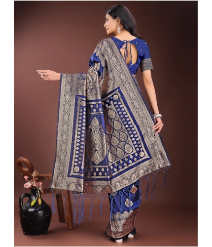 Women's Silk Printed Saree With Unstitched Blouse 5.5Mtr (Navy Blue)