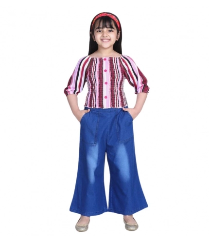 Girl's Rayon Solid Bell Sleeve Top with Culottes (Purple-Blue)