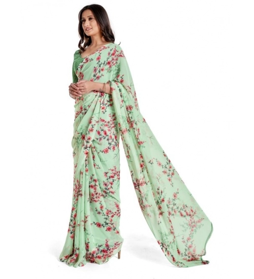 Women's Georgette Printed Saree With Unstitched Blouse 5.5Mtr (Light Green)