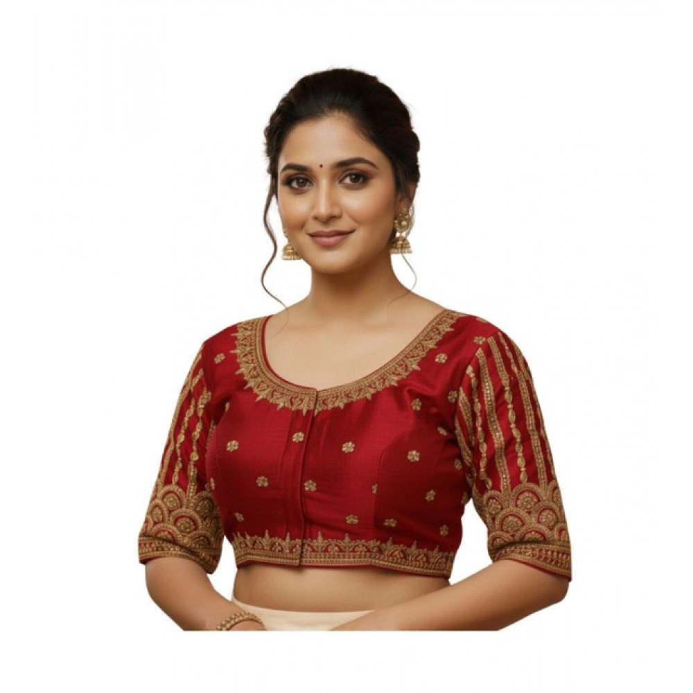Women's Phantom Silk Embroidered Designer Neck Padded Blouse (Maroon 38 Ready (Alterable up to 42)