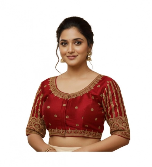 Women's Phantom Silk Embroidered Designer Neck Padded Blouse (Maroon 38 Ready (Alterable up to 42)