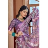 Dropship Women's Printed Cotton Linen Saree withPrinted  Saree With Unstitched Blouse (Purple, 5-6Mtrs)