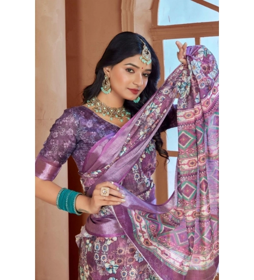Women's Printed Cotton Linen Saree withPrinted  Saree With Unstitched Blouse (Purple, 5-6Mtrs)