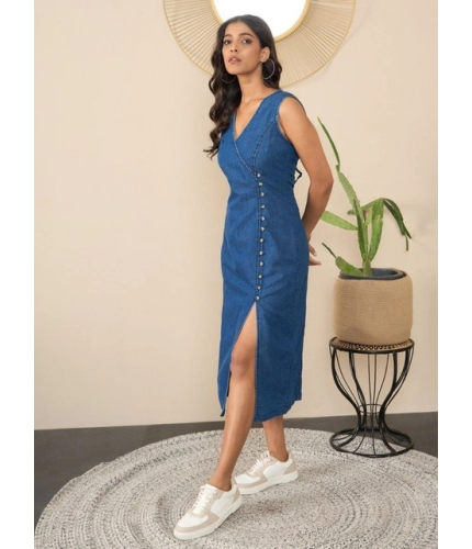Women's Denim Solid Sleeveless Dress (Blue)