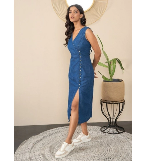 Women's Denim Solid Sleeveless Dress (Blue) Women's Denim Solid Sleeveless Dress (Blue)