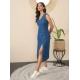 Women's Denim Solid Sleeveless Dress (Blue)