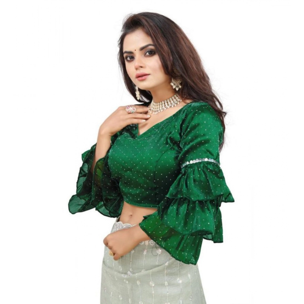 Women's Organza Solid V Neck Layered Ruffle Sleeve Readymade Blouse (Green Free Size , up to 38–40 Bust)-PID65850 Women's Organza Solid V Neck Layered Ruffle Sleeve Readymade Blouse (Green Free Size , up to 38–40 Bust)-PID65850