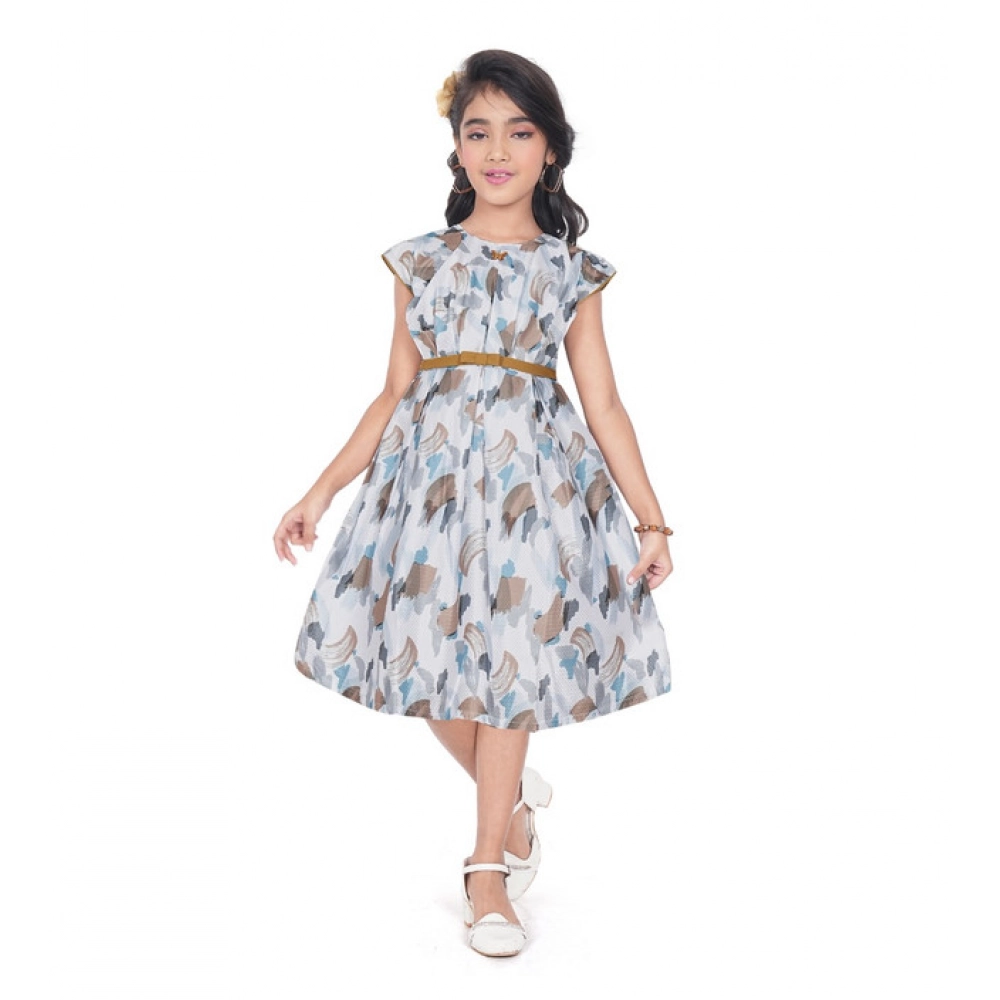 Girl's Popcorn Printed Sleeve Less Round Neck Dress (Brown)