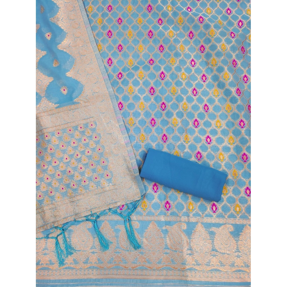 Women's Banarasi Silk Printed Unstitched Salwar Suit Material With Dupatta (Sky Blue, 3Mtrs)