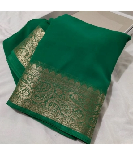 Women's Crepe Chit Pallu Solid Saree With Unstitched Blouse 5.5Mtr (Green)