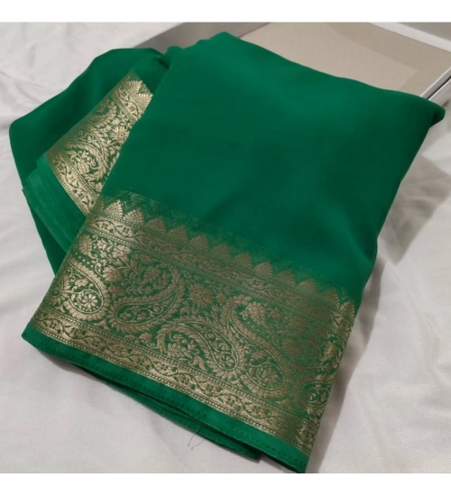 Women's Crepe Chit Pallu Solid Saree With Unstitched Blouse 5.5Mtr (Green)
