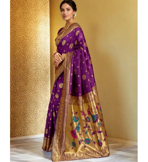 Women's Silk Blend Paithani Saree With Unstitched Blouse 5.5Mtr (Purple)